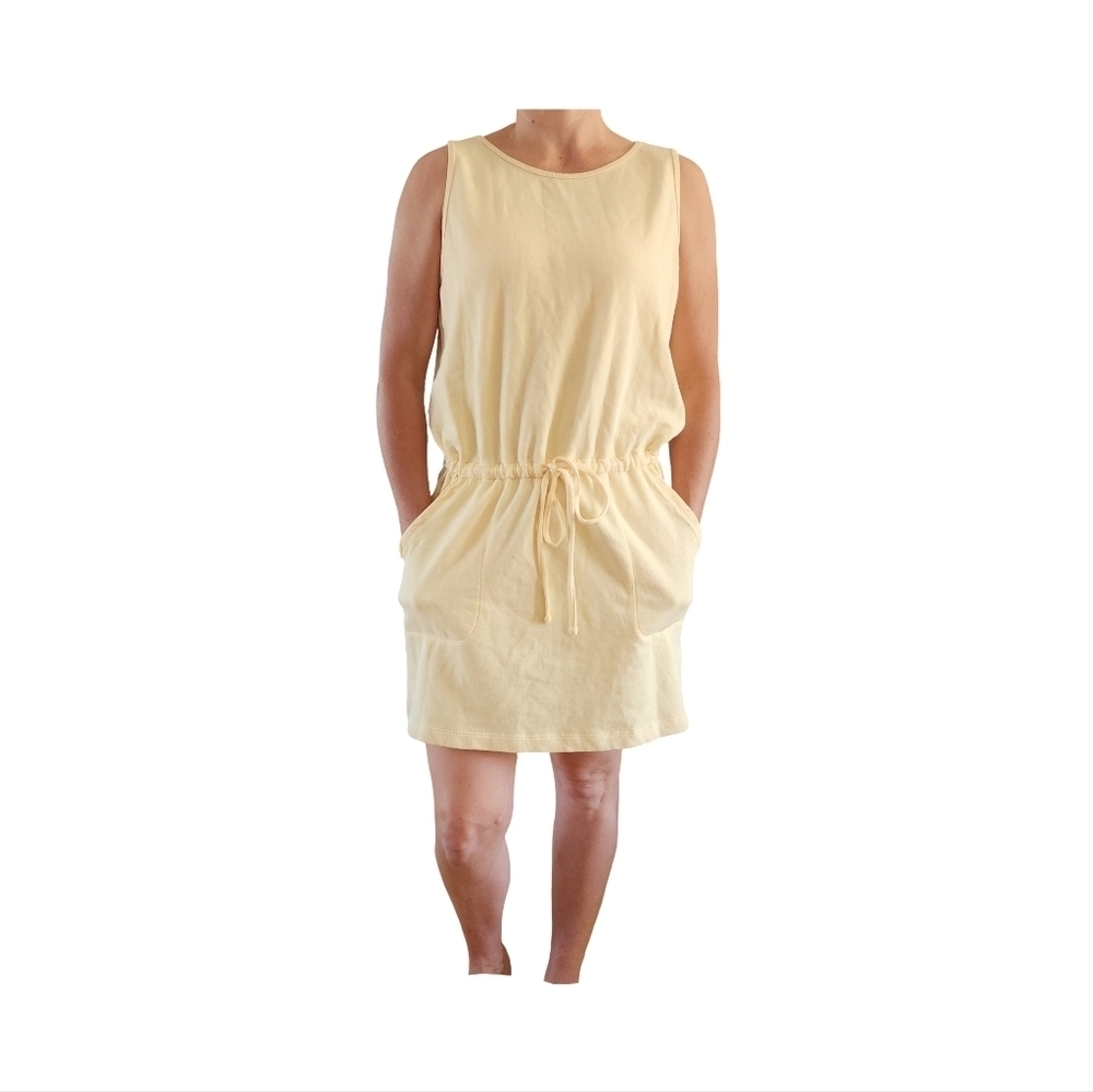 Butter Yellow Sleeveless Drawstring Dress 100% Cotton By LILLA P